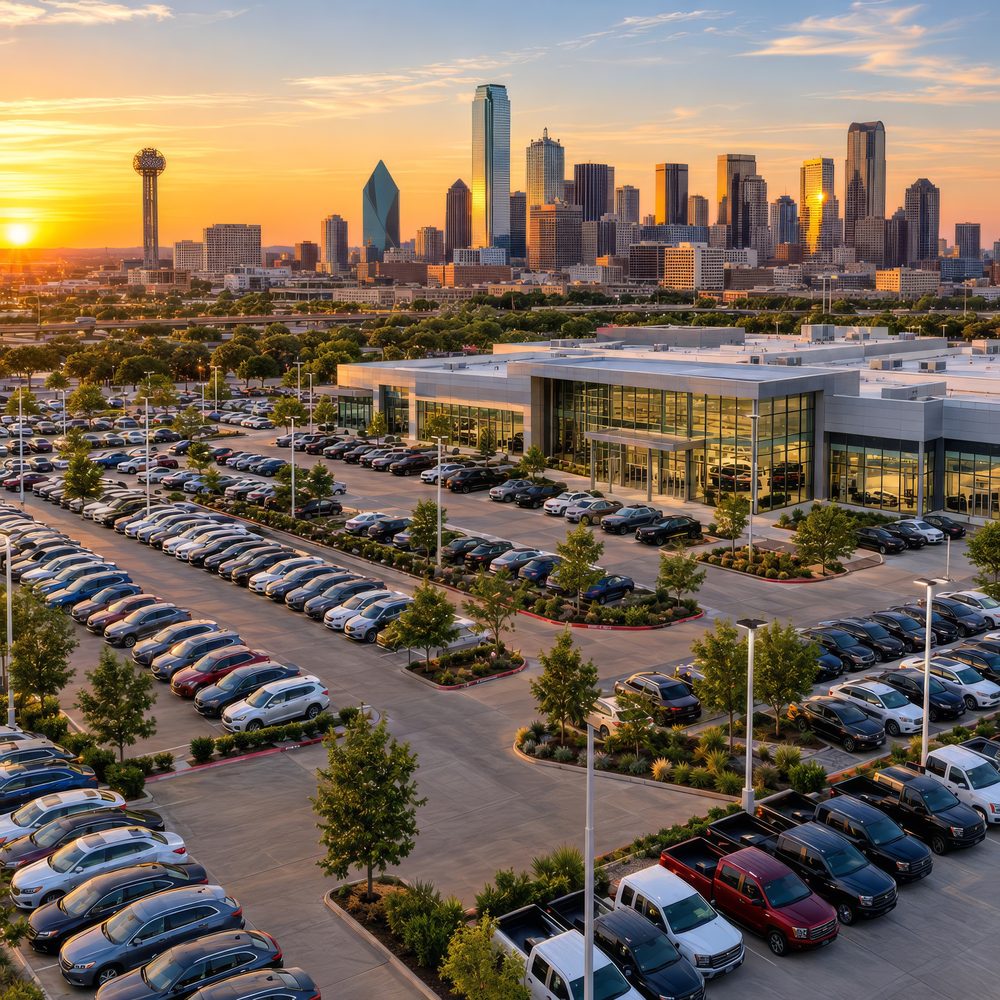 A large dealer lot with a city skyline